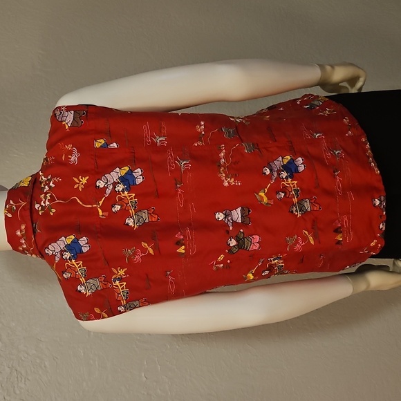 CHICO'S Red Asian Men Embroidered Sleeveless Button Down Silk Shirt - Picture 6 of 7